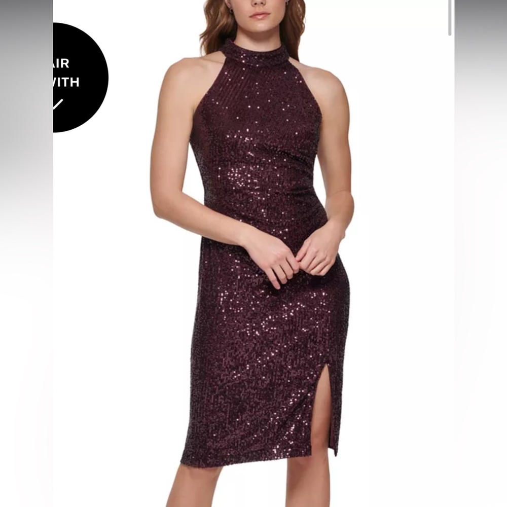 Eliza J Sequin Halter Mini Dress - Deep Purple